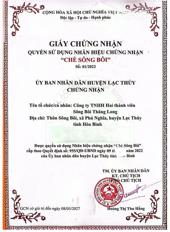 Giấy chứng nhận an toàn thực phẩm của Chè Sông Bôi